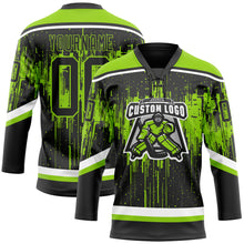 Load image into Gallery viewer, Custom Black Neon Green Steel Gray-White 3D Pattern Dripping Splatter Hockey Lace Neck Jersey