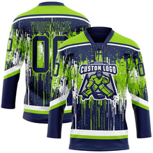 Load image into Gallery viewer, Custom Navy Neon Green-White 3D Pattern Dripping Splatter Hockey Lace Neck Jersey