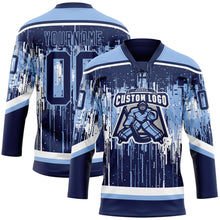 Load image into Gallery viewer, Custom Navy Light Blue-White 3D Pattern Dripping Splatter Hockey Lace Neck Jersey