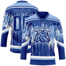 Load image into Gallery viewer, Custom Royal Light Blue-White 3D Pattern Dripping Splatter Hockey Lace Neck Jersey
