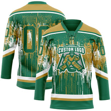 Загрузить изображение в средство просмотра галереи, Custom Kelly Green Old Gold-White 3D Pattern Dripping Splatter Hockey Lace Neck Jersey