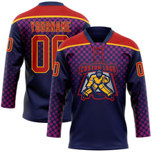 Load image into Gallery viewer, Custom Red Navy-Gold 3D Pattern Abstract Gradient Halftone Hockey Lace Neck Jersey