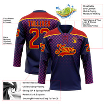 Load image into Gallery viewer, Custom Red Navy-Gold 3D Pattern Abstract Gradient Halftone Hockey Lace Neck Jersey