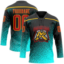 Load image into Gallery viewer, Custom Black Red Blue-Gold 3D Pattern Abstract Gradient Halftone Hockey Lace Neck Jersey