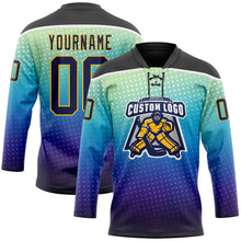 Load image into Gallery viewer, Custom Black Navy Blue Gold-White 3D Pattern Abstract Gradient Halftone Hockey Lace Neck Jersey