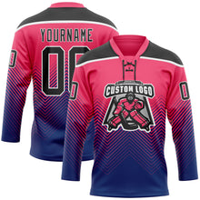 Load image into Gallery viewer, Custom Neon Pink Black Blue-White 3D Pattern Abstract Gradient Halftone Hockey Lace Neck Jersey