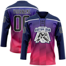 Load image into Gallery viewer, Custom Navy Black Red-White 3D Pattern Abstract Gradient Halftone Hockey Lace Neck Jersey