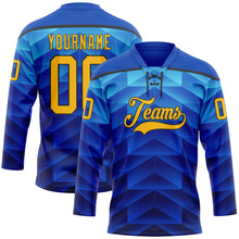 Загрузить изображение в средство просмотра галереи, Custom Blue Gold-Black 3D Pattern Abstract Gradient Halftone Hockey Lace Neck Jersey