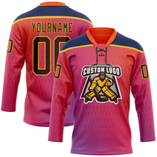 Laden Sie das Bild in den Galerie-Viewer, Custom Orange Brown Red Navy-Gold 3D Pattern Abstract Gradient Halftone Hockey Lace Neck Jersey