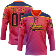 Laden Sie das Bild in den Galerie-Viewer, Custom Orange Brown Red Navy-Gold 3D Pattern Abstract Gradient Halftone Hockey Lace Neck Jersey
