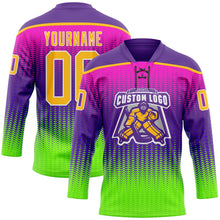 Load image into Gallery viewer, Custom Purple Gold Green-White 3D Pattern Abstract Gradient Halftone Hockey Lace Neck Jersey