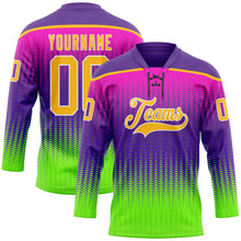 Load image into Gallery viewer, Custom Purple Gold Green-White 3D Pattern Abstract Gradient Halftone Hockey Lace Neck Jersey