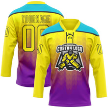 Laden Sie das Bild in den Galerie-Viewer, Custom Light Yellow Purple Lakes Blue-Black 3D Pattern Abstract Gradient Halftone Hockey Lace Neck Jersey