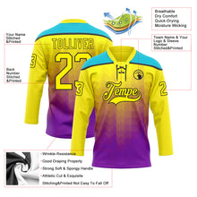 Laden Sie das Bild in den Galerie-Viewer, Custom Light Yellow Purple Lakes Blue-Black 3D Pattern Abstract Gradient Halftone Hockey Lace Neck Jersey