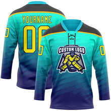 Load image into Gallery viewer, Custom Green Light Yellow Blue Black-Gold 3D Pattern Abstract Gradient Halftone Hockey Lace Neck Jersey