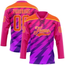 Laden Sie das Bild in den Galerie-Viewer, Custom Hot Pink Orange Purple Yellow-Cream 3D Pattern Abstract Gradient Halftone Hockey Lace Neck Jersey