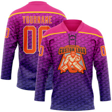 Load image into Gallery viewer, Custom Hot Pink Orange Purple Yellow-Cream 3D Pattern Abstract Gradient Halftone Hockey Lace Neck Jersey