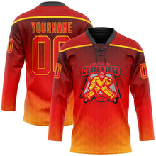 Load image into Gallery viewer, Custom Red Fire Red Gold-Black 3D Pattern Abstract Gradient Halftone Hockey Lace Neck Jersey