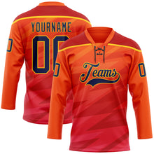 Load image into Gallery viewer, Custom Orange Navy Red-Gold 3D Pattern Abstract Gradient Halftone Hockey Lace Neck Jersey