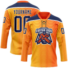 Load image into Gallery viewer, Custom Orange Navy Yellow-White 3D Pattern Abstract Gradient Halftone Hockey Lace Neck Jersey