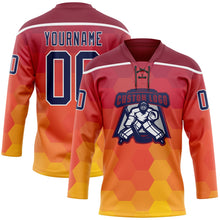 Laden Sie das Bild in den Galerie-Viewer, Custom Crimson Navy Yellow-White 3D Pattern Abstract Gradient Halftone Hockey Lace Neck Jersey