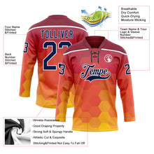 Laden Sie das Bild in den Galerie-Viewer, Custom Crimson Navy Yellow-White 3D Pattern Abstract Gradient Halftone Hockey Lace Neck Jersey