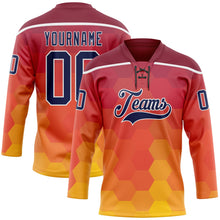 Laden Sie das Bild in den Galerie-Viewer, Custom Crimson Navy Yellow-White 3D Pattern Abstract Gradient Halftone Hockey Lace Neck Jersey
