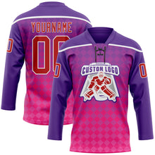 Load image into Gallery viewer, Custom Purple Red Pink-White 3D Pattern Abstract Gradient Halftone Hockey Lace Neck Jersey