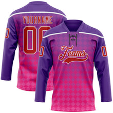 Load image into Gallery viewer, Custom Purple Red Pink-White 3D Pattern Abstract Gradient Halftone Hockey Lace Neck Jersey