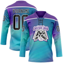 Load image into Gallery viewer, Custom Purple Black Blue-White 3D Pattern Abstract Gradient Halftone Hockey Lace Neck Jersey