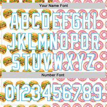 Загрузить изображение в средство просмотра галереи, Custom White Sky Blue Valentine's Day Donut Meets Hamburger Authentic Baseball Jersey