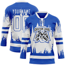 Load image into Gallery viewer, Custom Thunder Blue White 3D Pattern Abstract Splatter Paint Hockey Lace Neck Jersey