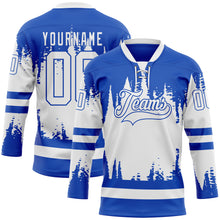 Load image into Gallery viewer, Custom Thunder Blue White 3D Pattern Abstract Splatter Paint Hockey Lace Neck Jersey