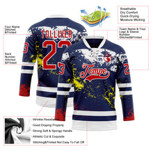 Load image into Gallery viewer, Custom Navy Red Yellow-White 3D Pattern Abstract Splatter Paint Hockey Lace Neck Jersey