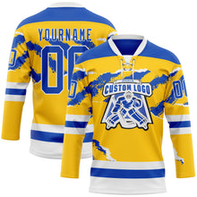 Laden Sie das Bild in den Galerie-Viewer, Custom Yellow Thunder Blue-White 3D Pattern Abstract Splatter Paint Torn Paper Style Hockey Lace Neck Jersey