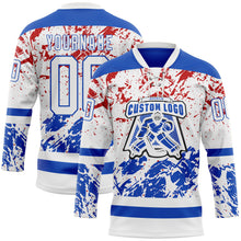 Laden Sie das Bild in den Galerie-Viewer, Custom White Thunder Blue-Red 3D Pattern Abstract Splatter Paint Hockey Lace Neck Jersey