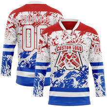 Load image into Gallery viewer, Custom White Red-Thunder Blue 3D Pattern Abstract Splatter Paint Hockey Lace Neck Jersey