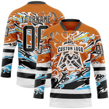 Load image into Gallery viewer, Custom Texas Orange Black Blue Yellow-White 3D Pattern Abstract Splatter Paint Hockey Lace Neck Jersey