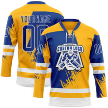 Load image into Gallery viewer, Custom Gold Royal-White 3D Pattern Abstract Splatter Paint Hockey Lace Neck Jersey