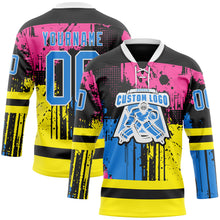 Load image into Gallery viewer, Custom Black Powder Blue Pink Yellow-White 3D Pattern Abstract Splatter Paint Hockey Lace Neck Jersey