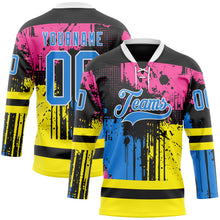 Load image into Gallery viewer, Custom Black Powder Blue Pink Yellow-White 3D Pattern Abstract Splatter Paint Hockey Lace Neck Jersey