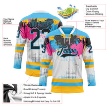 Load image into Gallery viewer, Custom White Black Sky Blue Pink-Gold 3D Pattern Abstract Splatter Paint Hockey Lace Neck Jersey