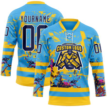 Load image into Gallery viewer, Custom Sky Blue Navy Yellow Red-White 3D Pattern Abstract Splatter Paint Hockey Lace Neck Jersey