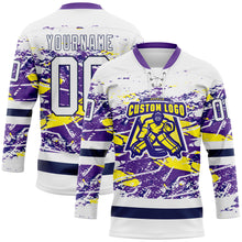 Загрузить изображение в средство просмотра галереи, Custom White Purple Yellow-Navy 3D Pattern Abstract Splatter Paint Grunge Hockey Lace Neck Jersey