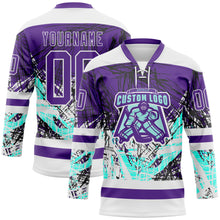 Load image into Gallery viewer, Custom Purple Green-White 3D Pattern Abstract Splatter Paint Grunge Hockey Lace Neck Jersey