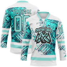 Charger l'image dans la galerie, Custom White Ice Blue-Black 3D Pattern Abstract Splatter Paint Hockey Lace Neck Jersey
