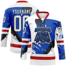 Load image into Gallery viewer, Custom White Thunder Blue Red-Black 3D Pattern Abstract Splatter Paint Hockey Lace Neck Jersey