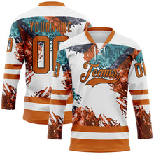 Load image into Gallery viewer, Custom White Texas Orange Green-Black 3D Pattern Abstract Splatter Paint Hockey Lace Neck Jersey