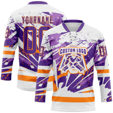 Load image into Gallery viewer, Custom White Purple-Bay Orange 3D Pattern Abstract Splatter Paint Hockey Lace Neck Jersey