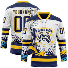 Load image into Gallery viewer, Custom White Navy-Yellow 3D Pattern Abstract Splatter Paint Hockey Lace Neck Jersey